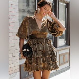 From VICI Collection -MABLE Metallic Gold Ruffled Dress